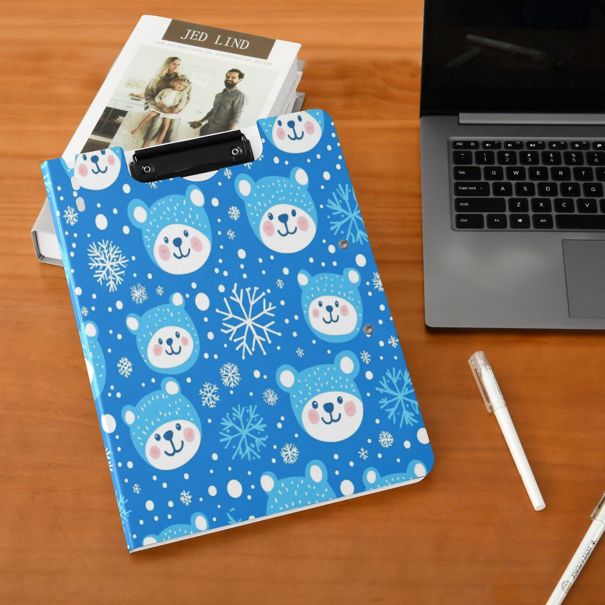 FORMRS A4 Clipboard Folder with Pen Holder Horizontal Foldable School Office Binder, Blue Bears