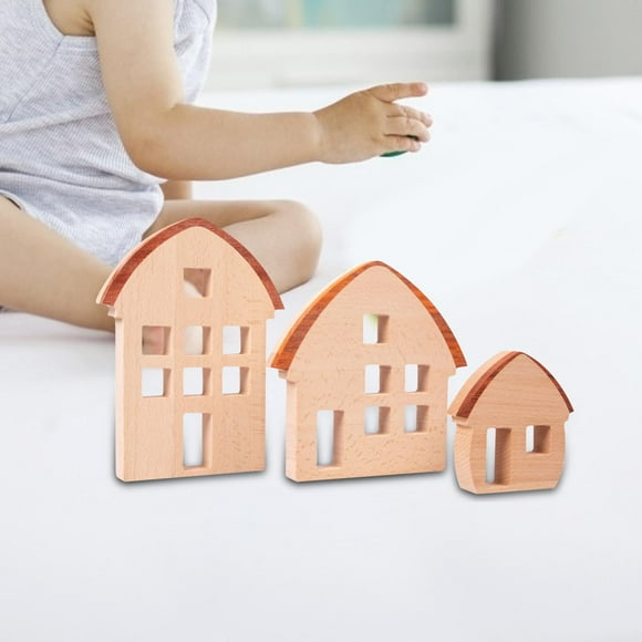 3Pcs Wood House Blocks Wood Wooden Sign Block for Preschool Ages 4 to 8 Kids