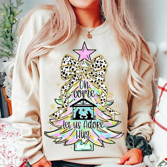 Oh Come Let Us Adore Him Shirt, Coquette Bow Christmas Tree Tee, Christmas Jesus T-Shirt, Iridescent Christian Holiday Apparel