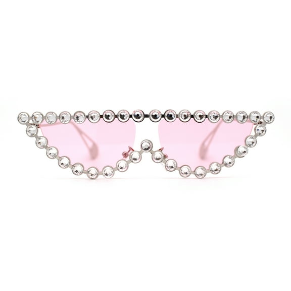 Large Rhinestone Show Sign Expose Lens Cat Eye Sunglasses Silver Pink