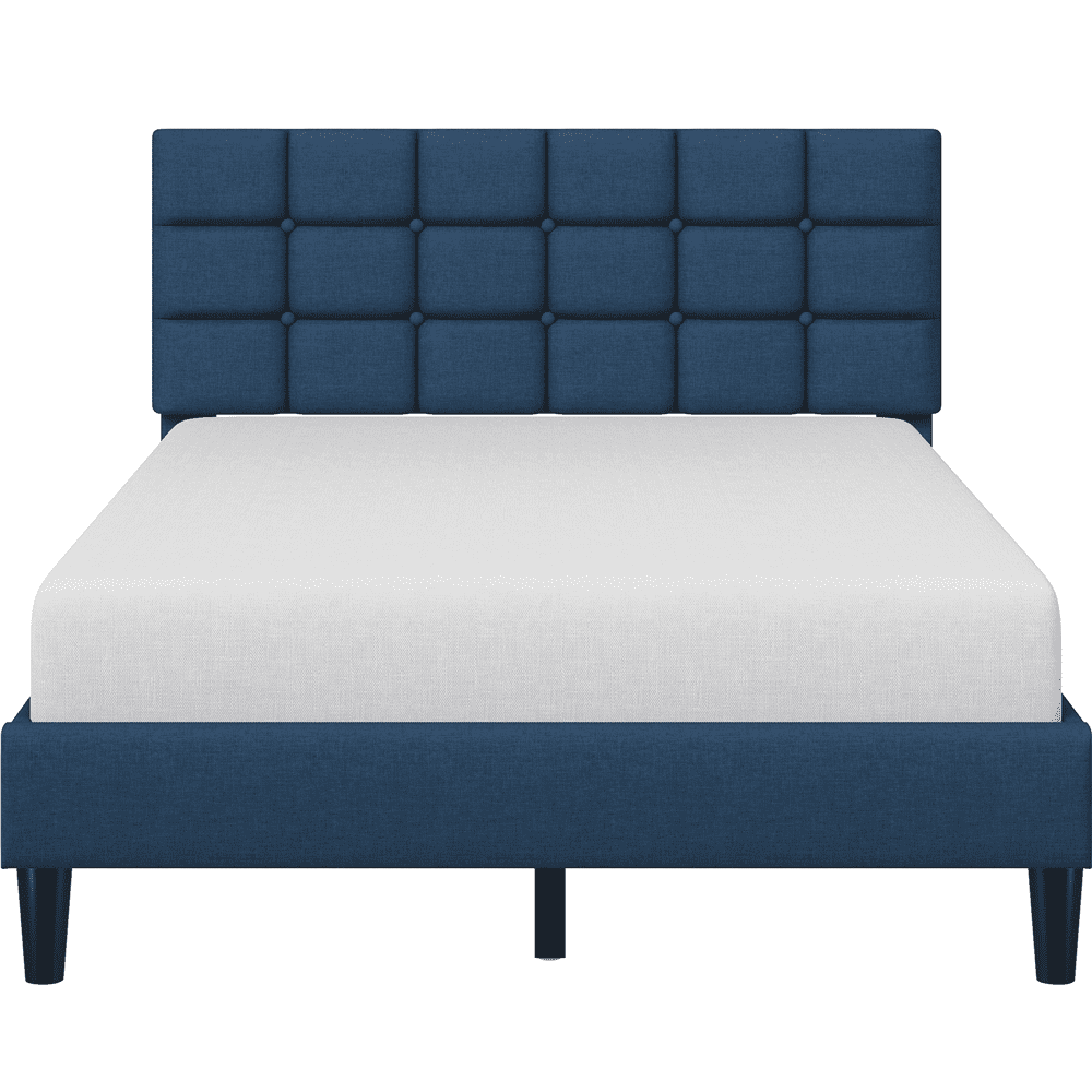 Fullfurnique Upholstered Platform Bed Frame with Square Tufted Headboard, Full, Navy Blue