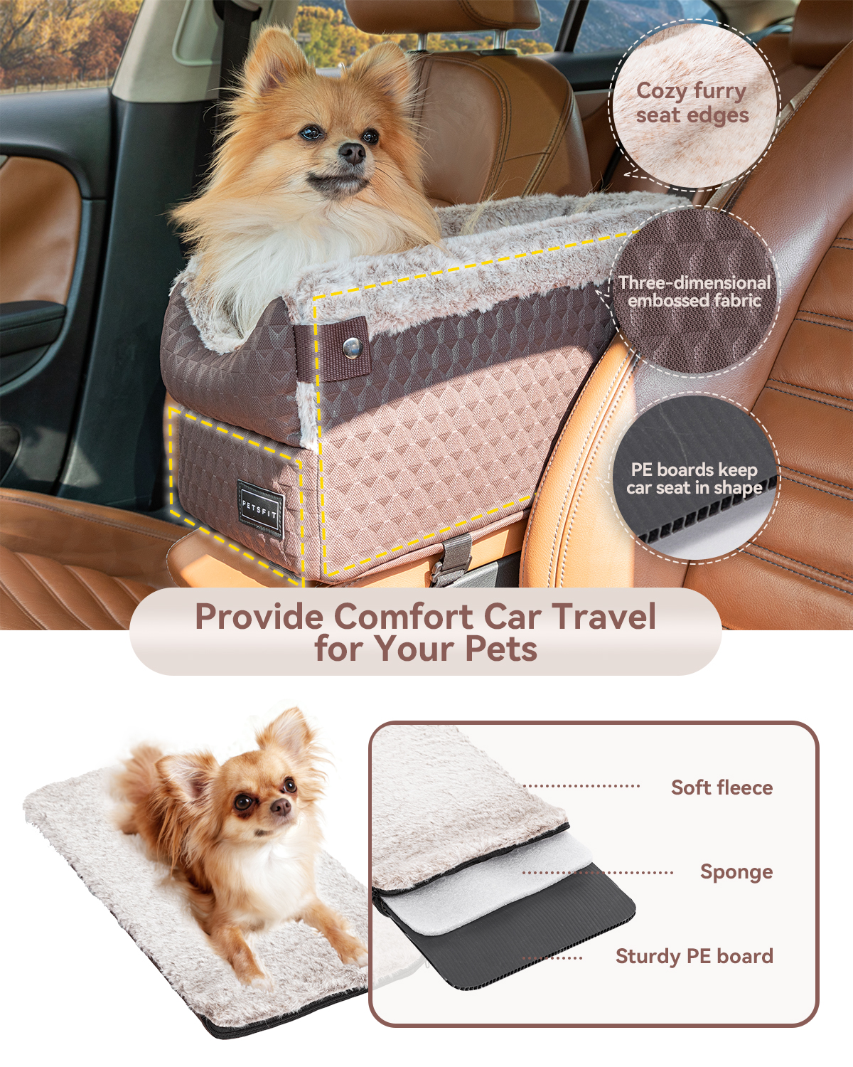 PETSFIT Center Console Dog Car Seat with Safe Protection Hooks, Pet Car Seat with Upgraded Safety Tethers, Washable Cushion, Console Dog Car Seats for Small Dogs (Brown)