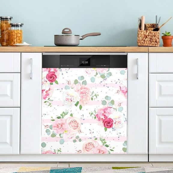 Pink Rose Flowers Floral Striped Magnetic Dishwasher Cover Magnet Refrigerator Dishwasher Sticker Home Decorative Art Kitchen Panel Decal 23x26 Inch