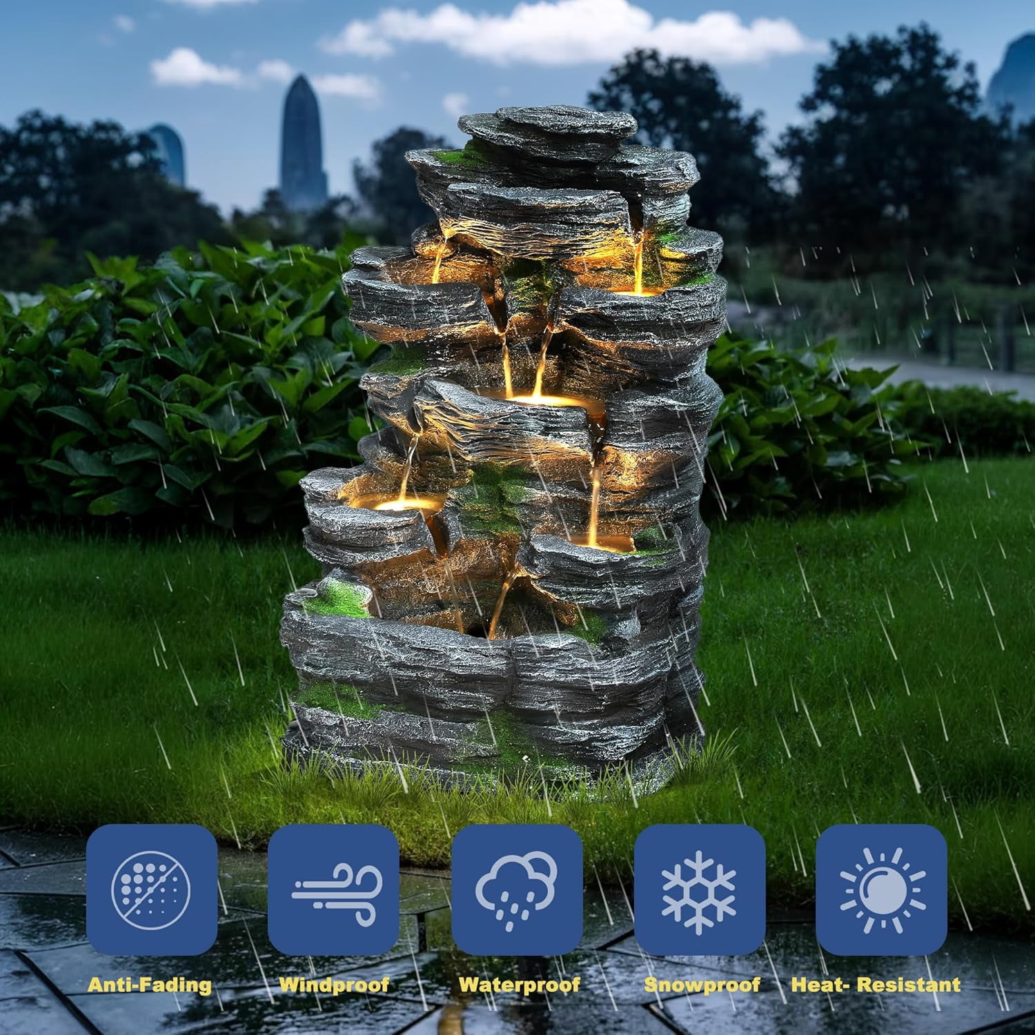 Outdoor Cascading Stone Water Fountain, 7-Tier Floor Natural Looking Rock Fountains with LED Pump Moss Decor, Freestanding Resin Fountain and Cascading Water Feature for Patio Garden, Grey