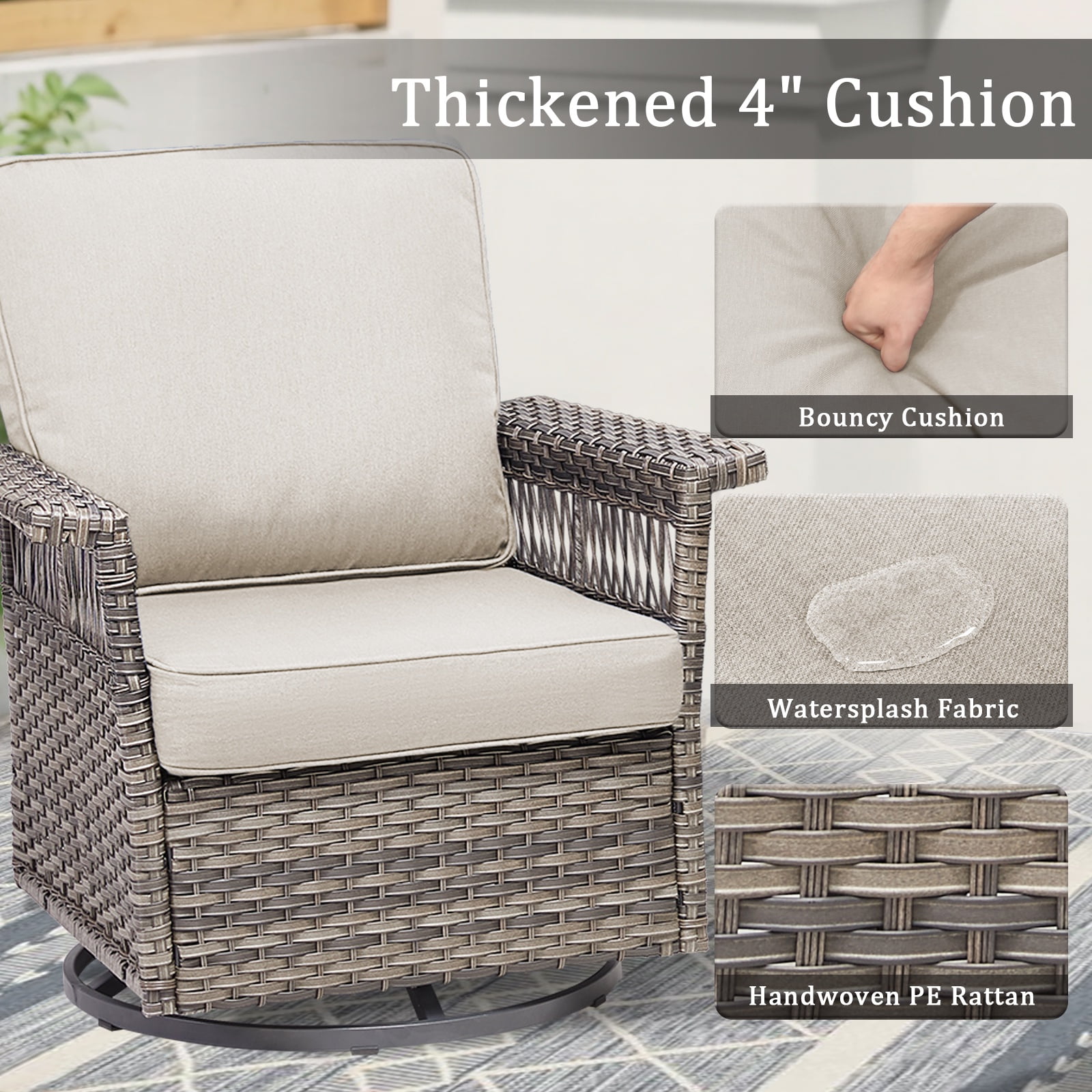 Lumiinofami 5 Piece Patio Furniture Set, Wicker Outdoor Patio Conversation Swivel Glider Rocker Chairs Set with Ottomans and Storage Side Table for Balcony Deck Garden, Beige Cushions