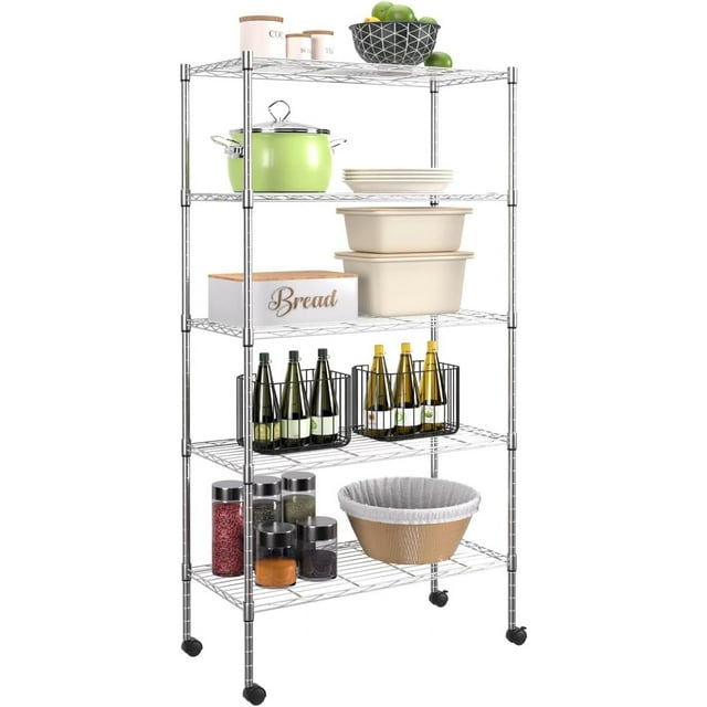 FDW Shelves Shelf Wire Shelving Heavy Duty Storage 5 Tier Shelves, Adjustable Height Sturdy Steel Construction Certified by NSF Maximum, Chrome