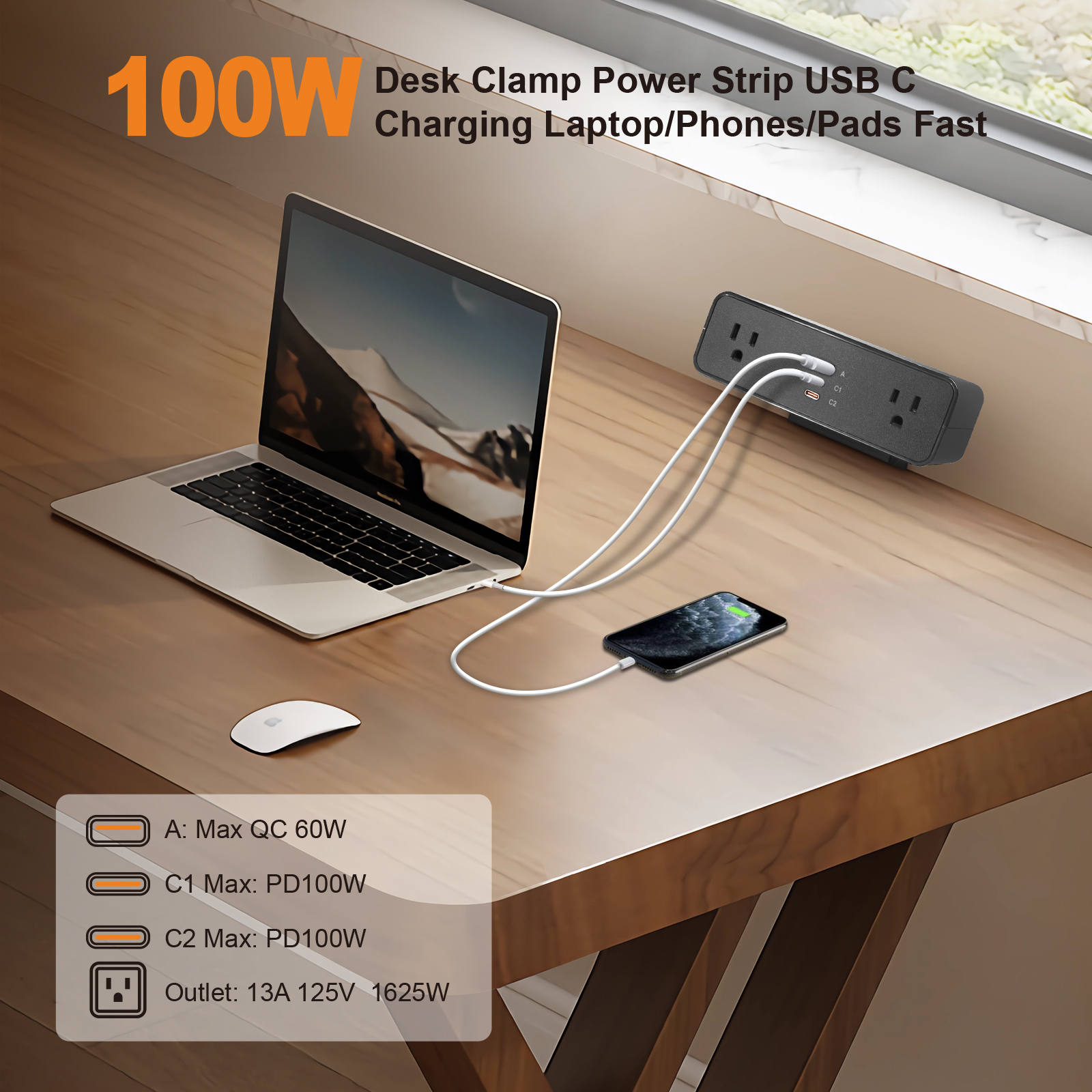 Desk Clamp Power Strip USB C 100W, Desktop Edge Mount Fast Charge Station 3 PD USB Port 2 AC Outlets 6ft Braided Extension Cord Flat Plug Fit Max 3.26’’ Tabletop Edge for Gaming Office Table