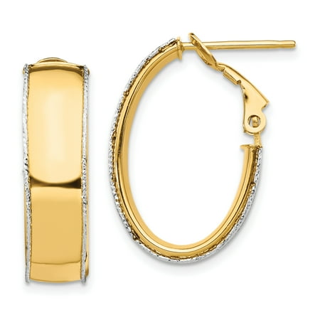 Primal Gold 14 Karat Yellow Gold 7.5mm Polished with White Gold Diamond Cut wire Accent Oval Hoop Earrings