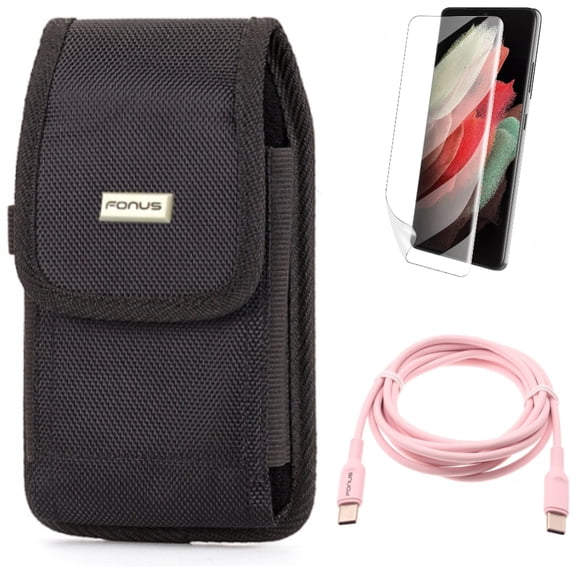 Pink 6ft Long Cable w Matte Screen Protector w Case Belt Clip for Samsung Galaxy S21 Plus - USB-C to Type-C PD Fast Charger, TPU Film Anti-Glare, Swivel Holster Accessory Bundle