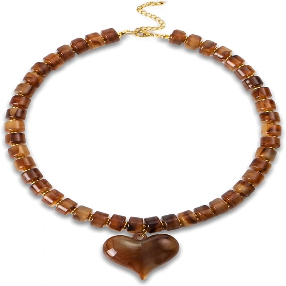 DESIGNICE Brown Acrylic Puff Heart Pendant Necklace for Women Exaggerated Statement Chunky Resin Beaded Strand Necklace Fashion Jewelry