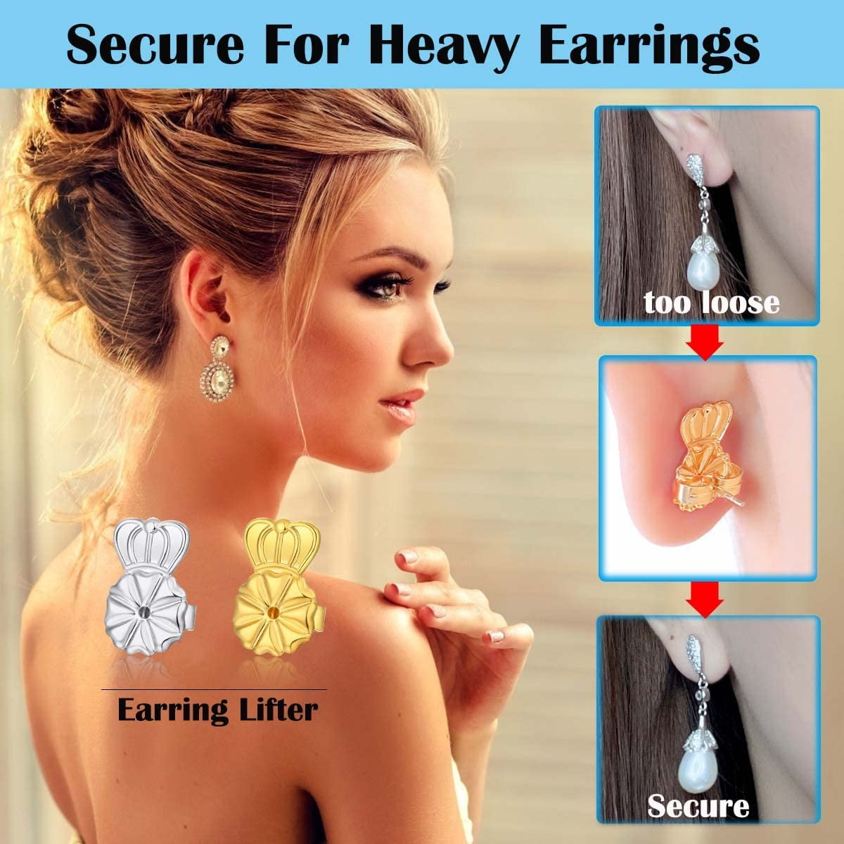 Earring Backs Lifters,3 Pairs Secure Earring Backs for Droopy Ears,Adjustable Hypoallergenic Earring Backs for Heavy Earring(10MM White)