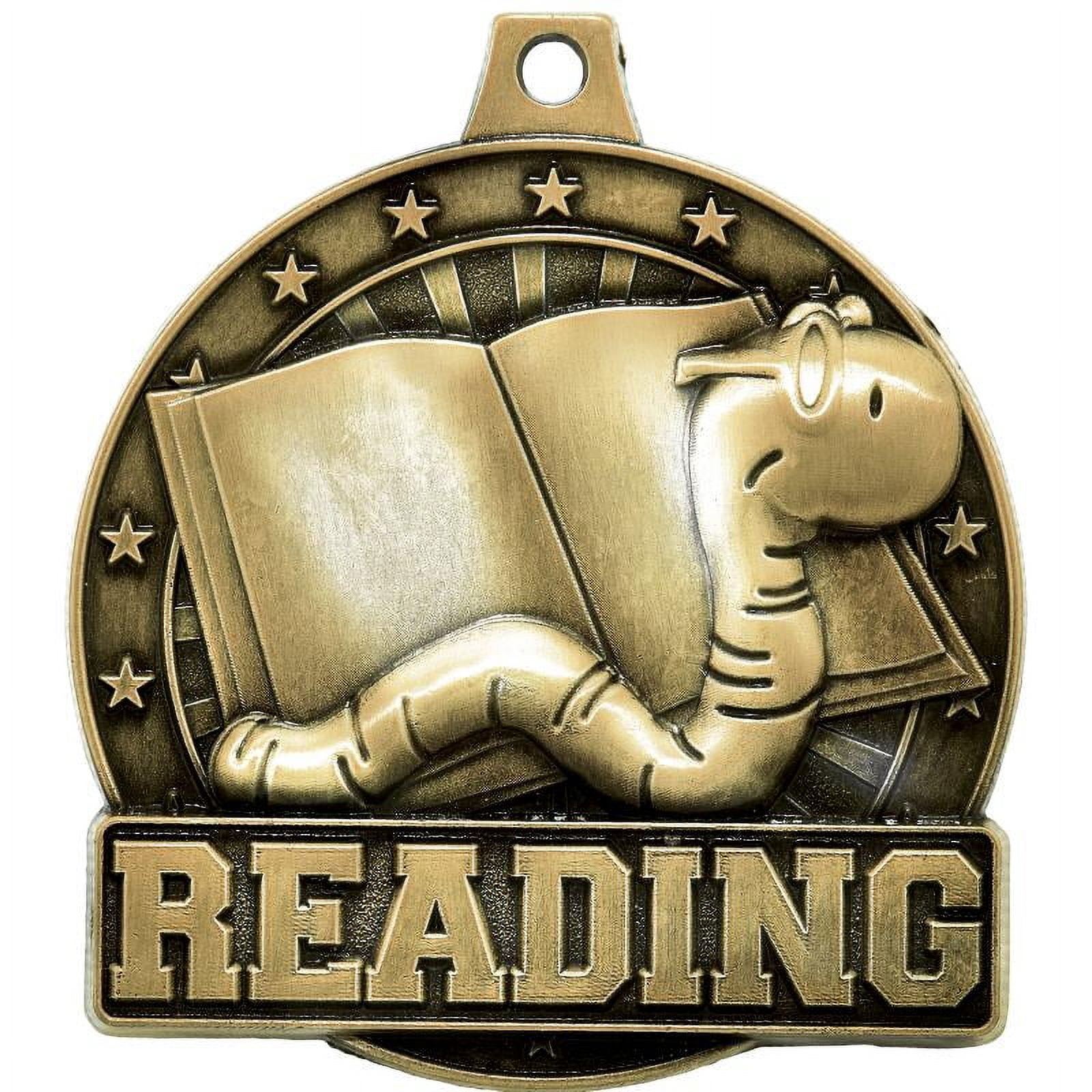 Reading Bookworm Medals, 2" Gold Diecast Reading Bookworm Medal Award 5 Pack
