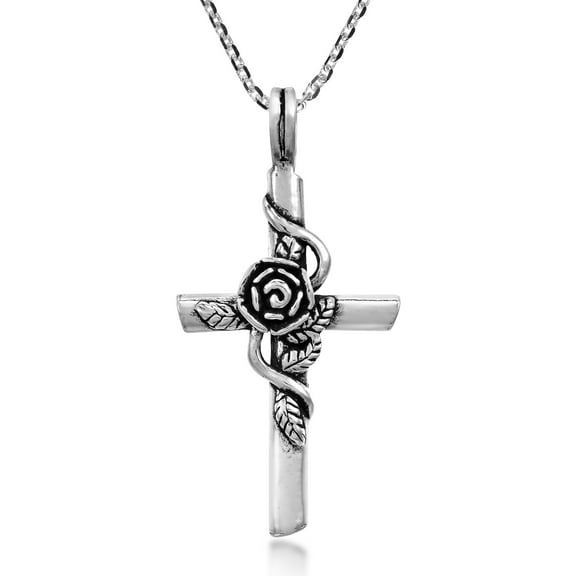 Beautifully Spiritual Cross with Rose Vine Sterling Silver Pendant Necklace
