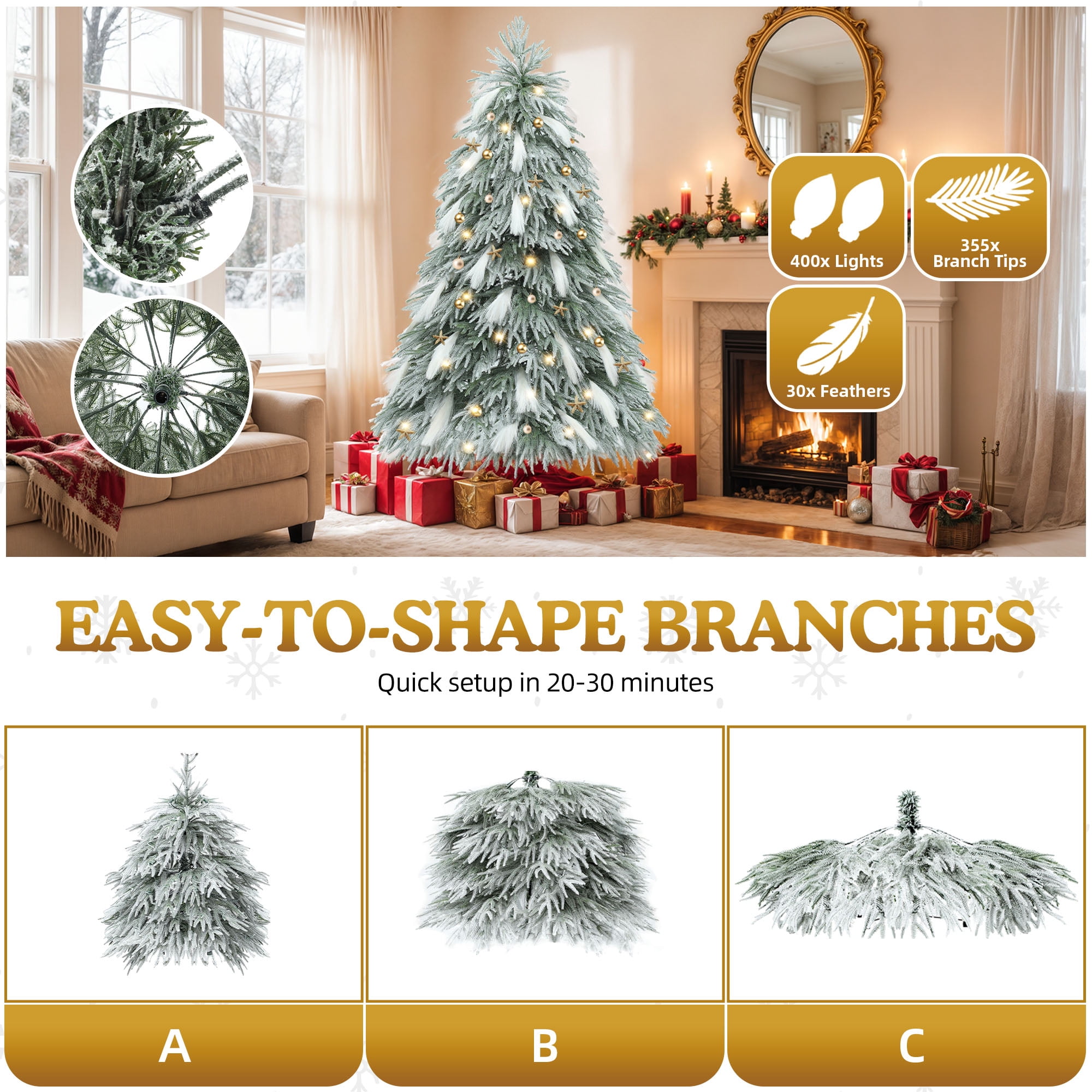 Uforic 6ft Pre-Lit Flocked Natural Drooping Pampas Christmas Tree with 30 Feathers, 355 Branch Tips and 400 Lights, for Home, Office, and Party Decor
