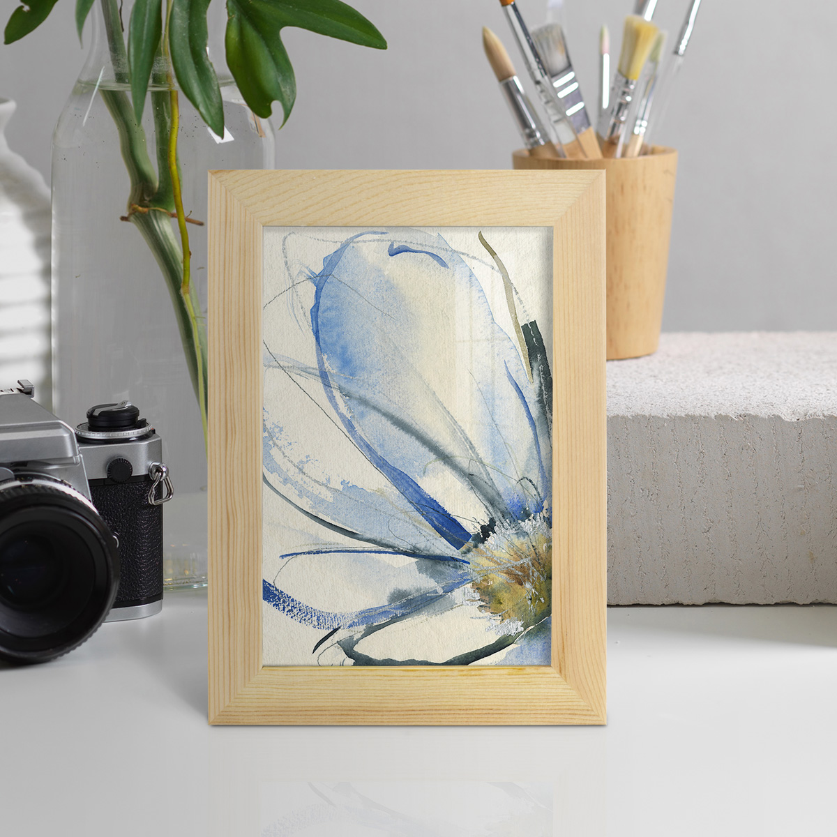 Cobalt & Paynes Petals I - Framed Print w/glass - Natural Wood