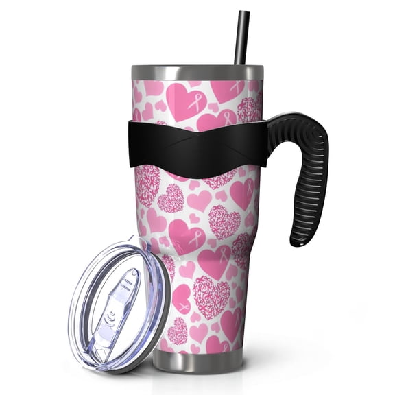 40oz Tumbler,Pink Breast Cancer and Love Insulated Tumblers with Removable Handle,Stainless Steel Double Vacuum Coffee Tumbler Cup with Straw for Home,Office,Travel,Party