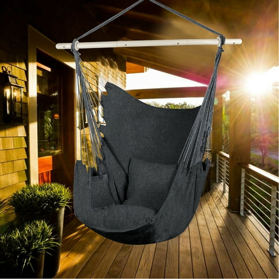 Large Hanging Rope Hammock Chair Swing, Hammock Chair Swing Seat with Detachable Metal Support Bar for Any Indoor or Outdoor Spaces - 330 lbs Weight Capacity - 2 Seat Cushions Included, B083