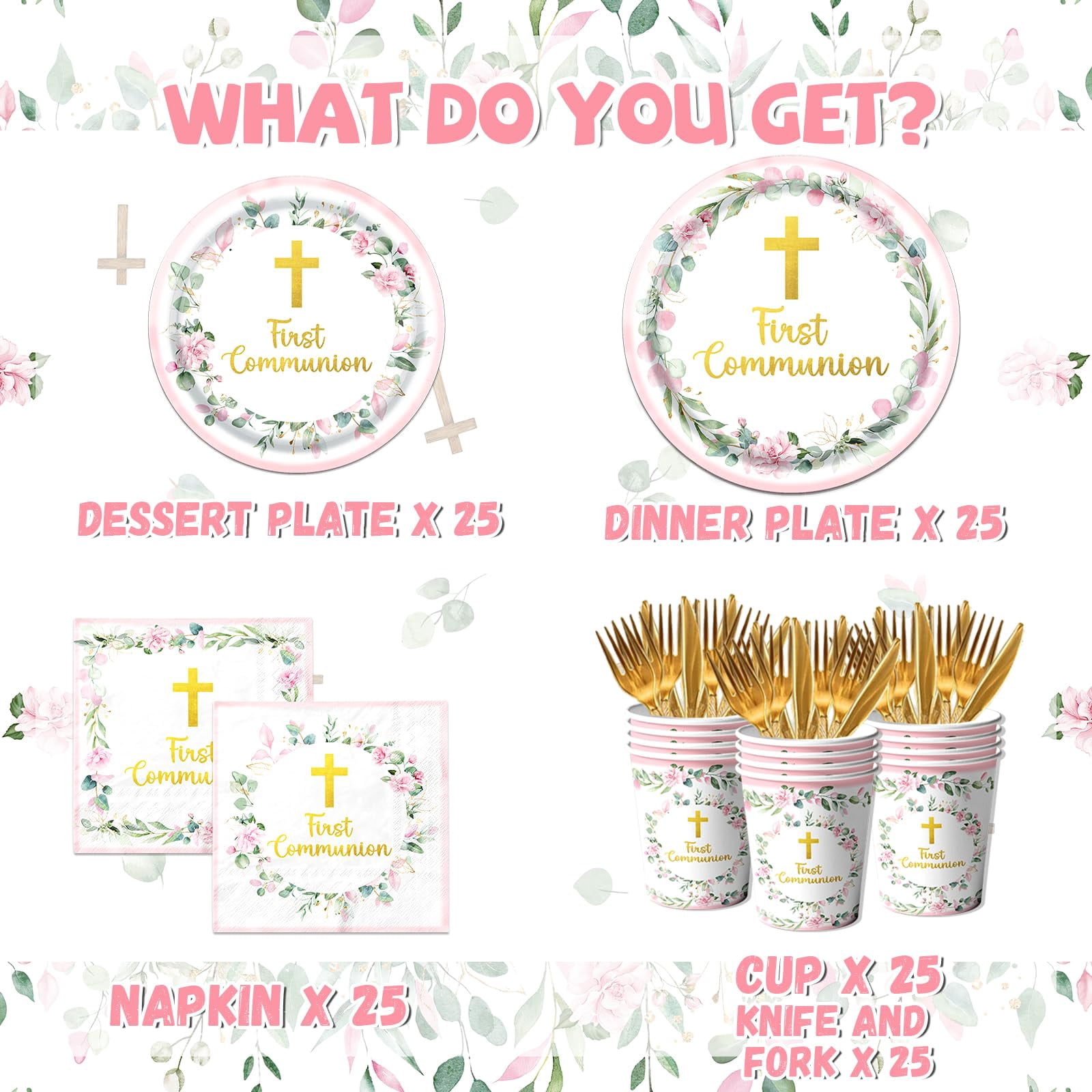 Communion Decorations – Includes 9" & 7" Plates, Napkins, Cups, Cutlery, Serves 25, for First Holy Communion, Baptism, Primera Comunion Party, Available in Pink, Blue, or Green