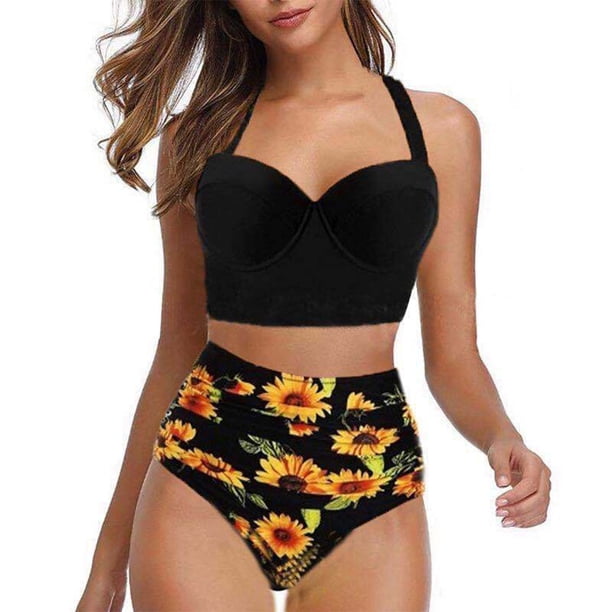 Sonducket Conjunto de traje de baño dividido para mujer, traje de baño Sexy estampado con almohadilla, traje de verano sin mangas, traje de playa de moda Prendas para la parte del cuerpo Negro METRO Sonducket AP012051-05