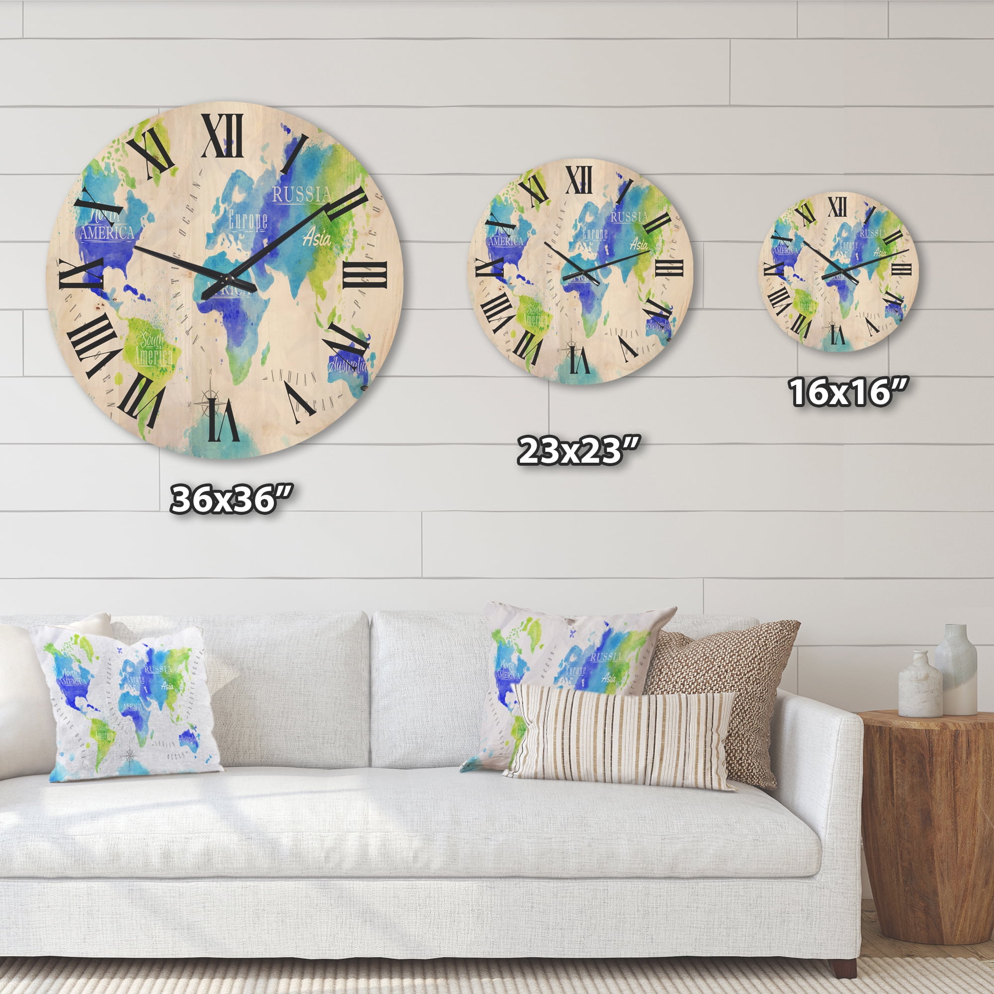 Designart 'World Map In Blue and Green' Modern Wood Wall Clock