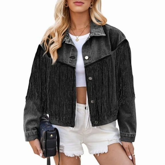 Women Cropped Denim Jacket Fringe Oversized Long Sleeve Womens Jean Shacket Coat with Tassel Fall Outwear Black S