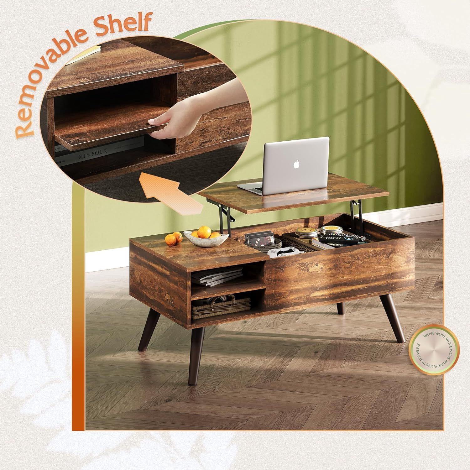 Lift Top Coffee Table with Hidden Storage Compartment Side Shelves, Modern Lift Tabletop Dining Desk with Steel Frame, Farmhouse Center Table for Living Room Home Office