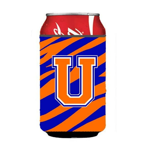 Letter U Initial Monogram - Tiger Stripe - Blue Orange Can Or Bottle Hugger