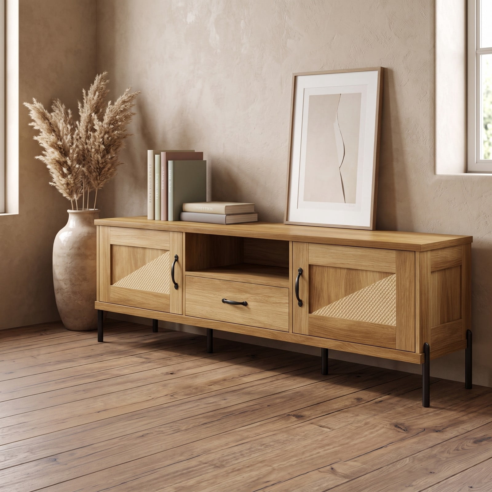 Furnibear Rattan TV Stand for TVs up to 80 Inches, Mid Century Modern Media Console Table with 2 Storage Cabinets, Adjustable Shelves and Open Compartment for, Natural