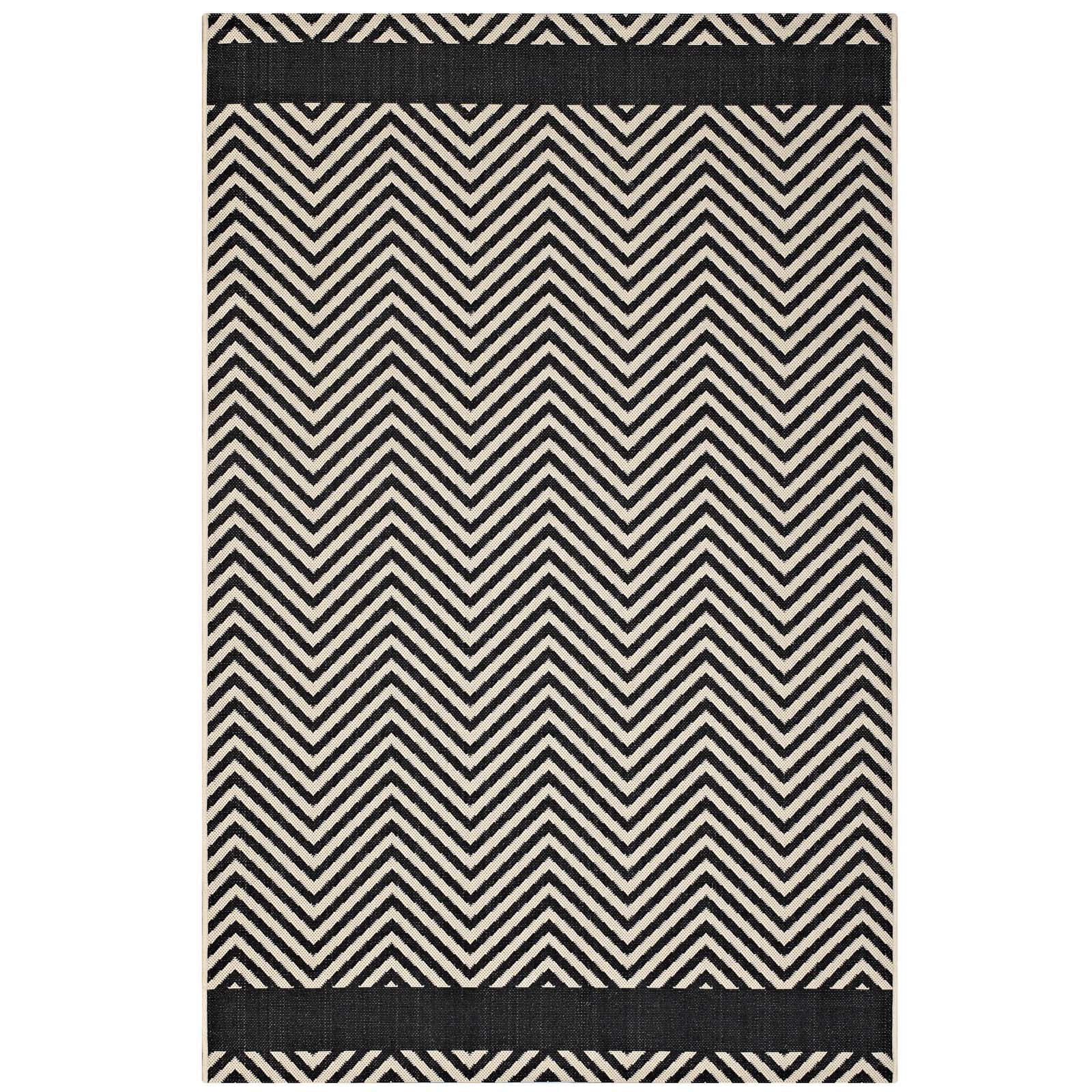 Modway Optica Chevron With End Borders 8x10 Indoor and Outdoor Area Rug in Black and Beige