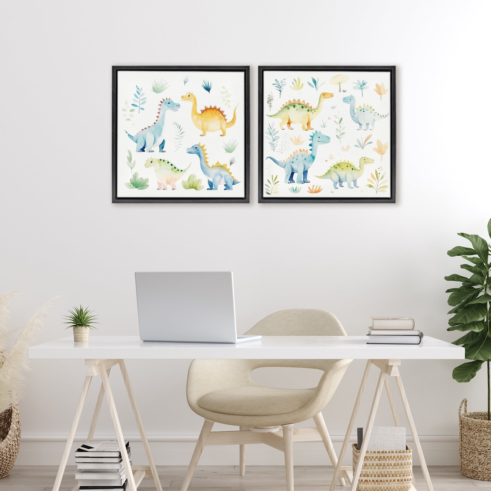 Stupell Industries Playful Dinosaur Wonders 2 Piece Black Framed Floater Canvas Set, design by Lazar Studio