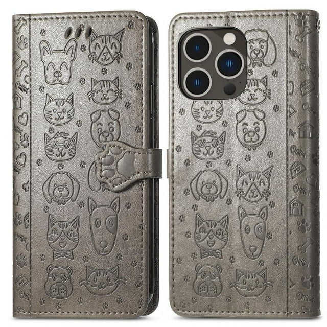 Funda Cartera FOXDOCK para iPhone 14 ProMax , Flip PU con Relieve de Gatos y Perros, Tarjetero y Soporte