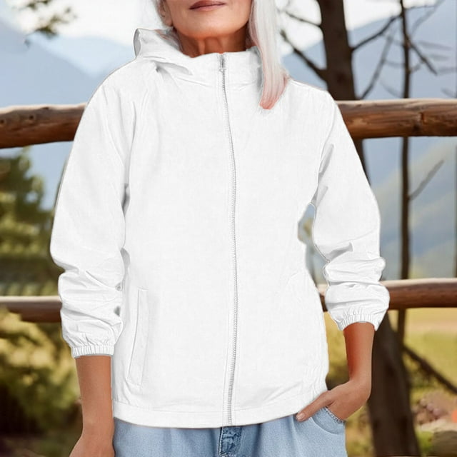 Baberdicy Veste Coupe-Vent Unie pour Femmes, Manteau de Randonnée à Capuche, Veste Coupe-Vent à Capuche, Coquille de Randonnée Extérieure, Manteau de Montagne Blanc TG
