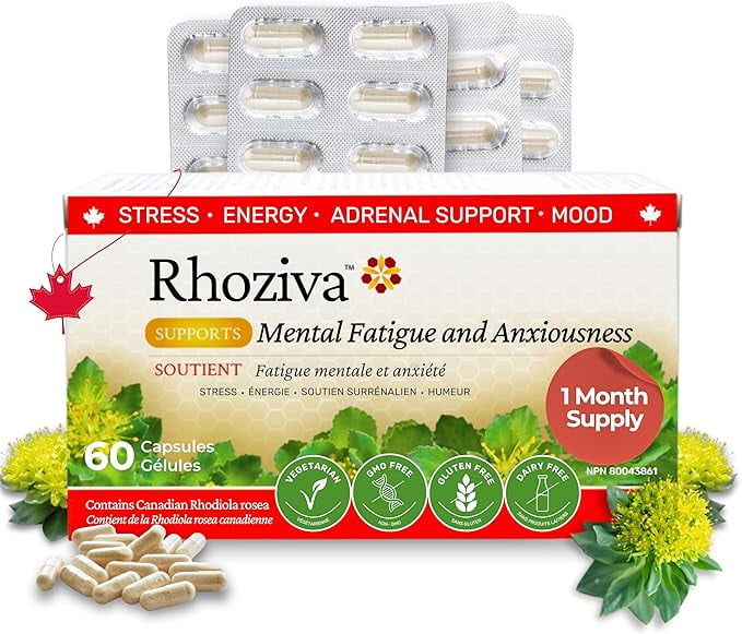 Rhoziva Rhoziva Rhodiola Rosea Supplement. Supports Mental Energy, Focus, & Memory. Stress Relief. Made in Canada. Gluten Free, Non-Gmo. 60 Capsules.
