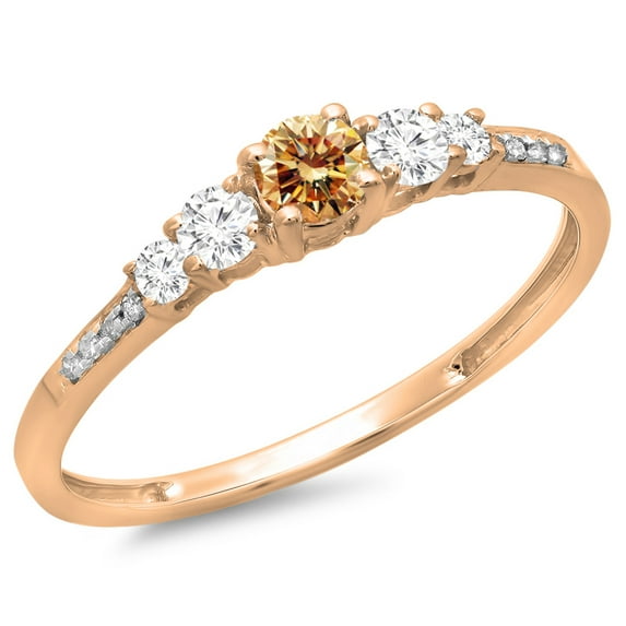 0.40 Carat (ctw) 14K Rose Gold Round Cut Champagne & White Diamond Ladies Bridal 5 Stone Engagement Ring