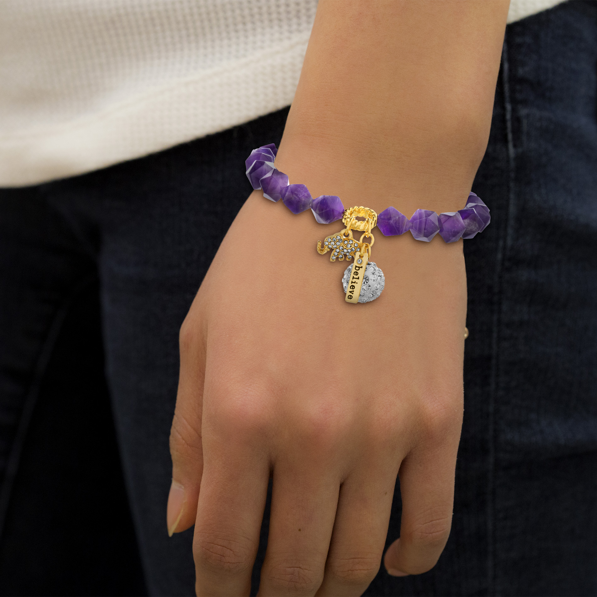 Lesa Michele Yellow Gold Plated Brass Simulated Amethyst Beaded Believe Charm Bracelet for Women