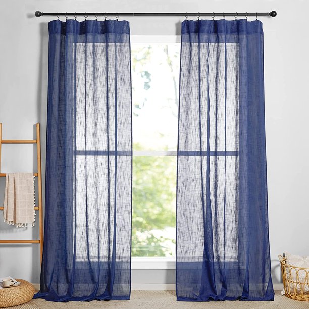 Semi Sheer Curtains Linen Textured Fabric Light And Airy Half Privacy Window Ds For Bedroom Dining Living Room Office Navy Blue 34 Inch Wide X 84 Long 2 Panels Com Semi Sheer Curtains Linen Textured, Navy Blue Sheer Curtains 84 Inch