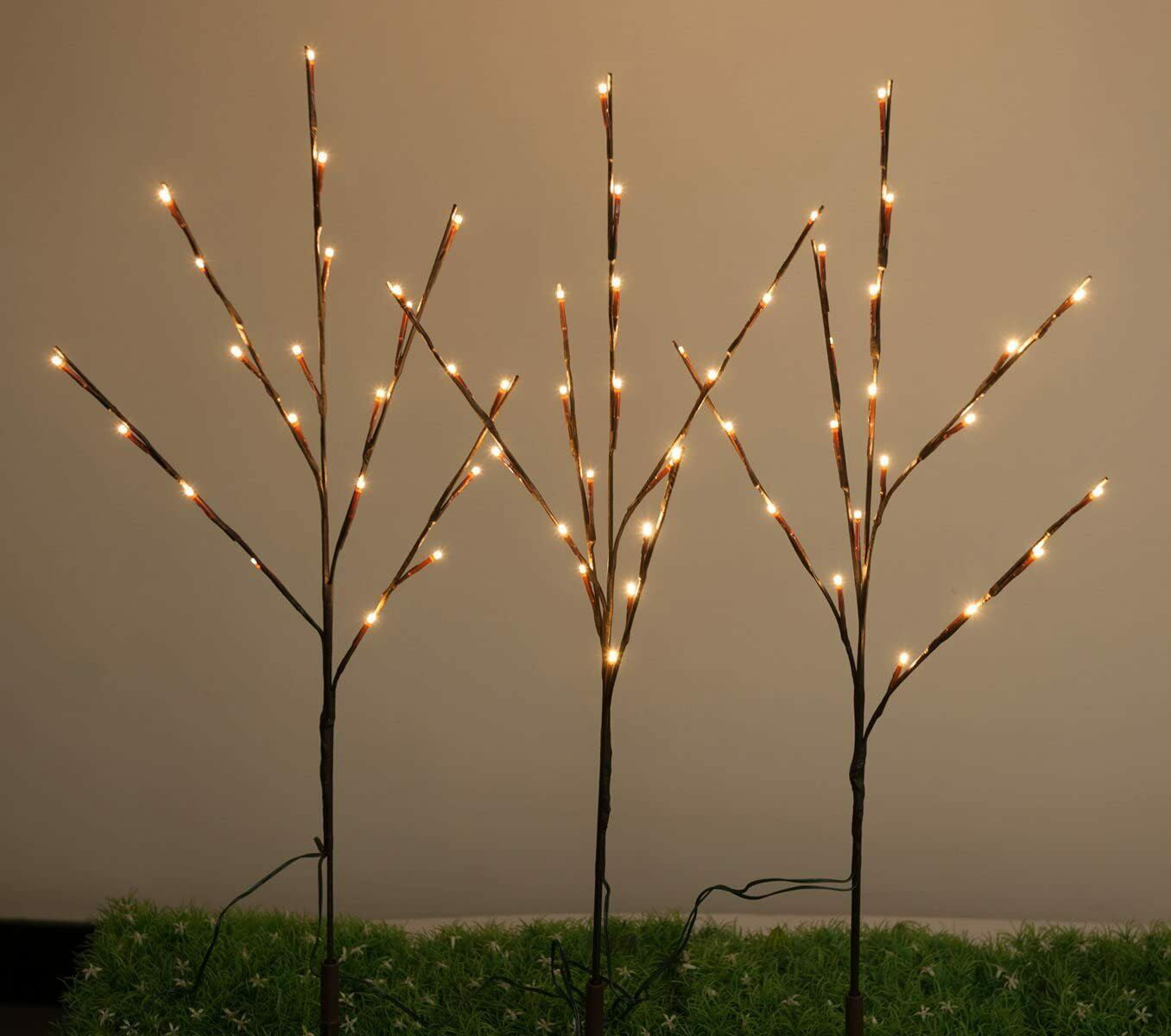 White Light for Outdoor and Indoor Use WED 26 Inch 60 Led Brown Wrapped Lighted Branch Stake 3 Pack Set