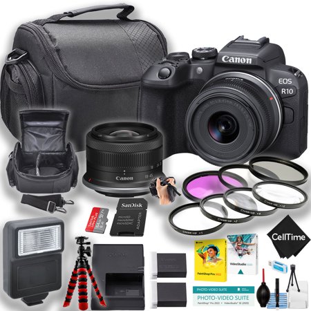 Canon EOS R10 Mirrorless Camera w/18-45mm lens + 64GB Memory Card + Extra Battery + Spider Tripod + More (18pc Bundle)