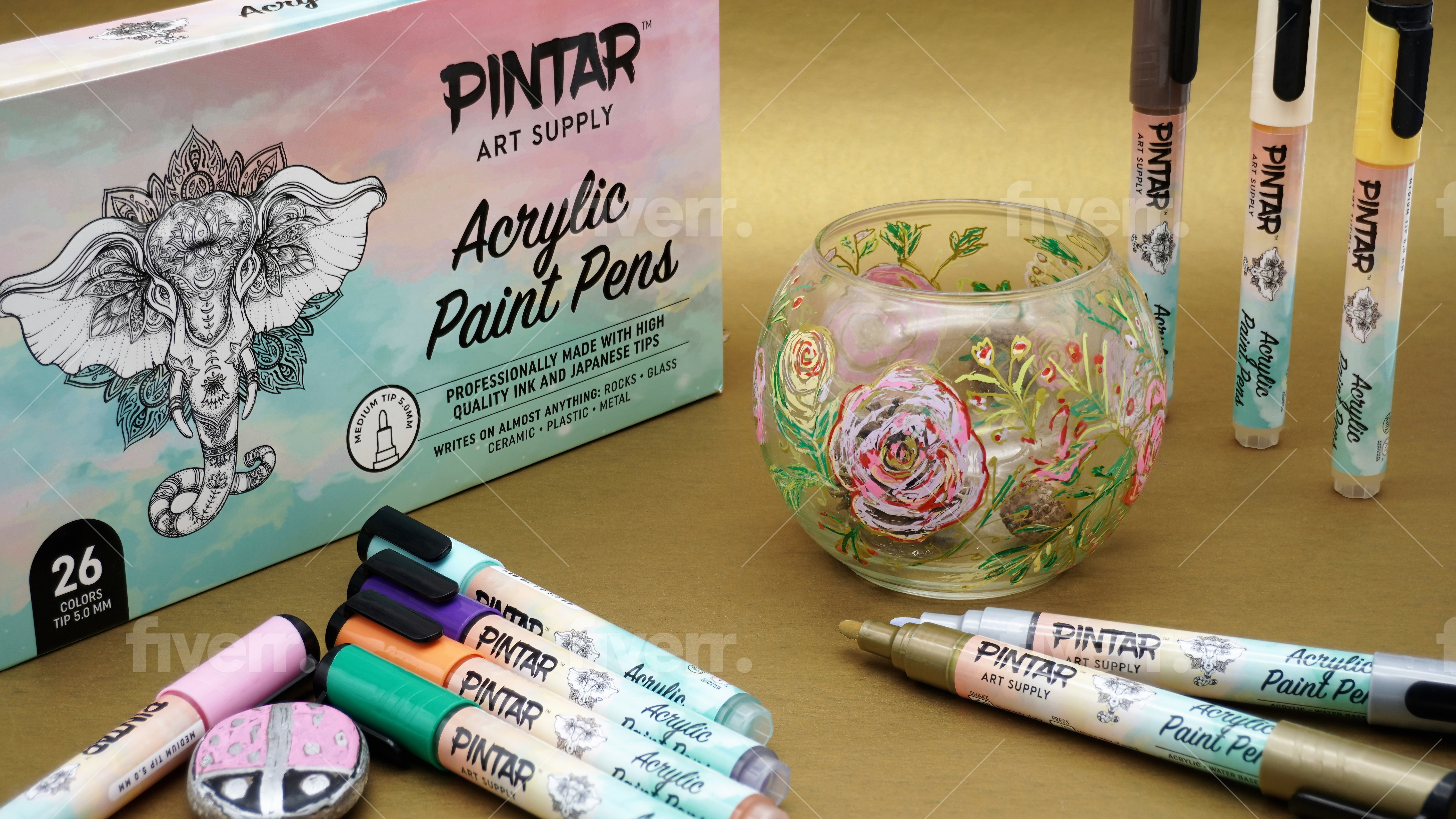 PINTAR Acrylic Paint Markers Medium Point - Medium Point Paint Markers - Acrylic Paint Markers Set - Acrylic Paint Pens for Rock Painting, Wood, Glass, Leather, Shoes - Pack of 26, 5.0mm
