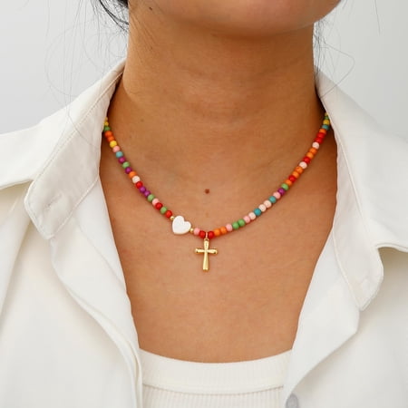 APSVO Love Heart Cross Necklaces for Girls Women Beaded Chain Stuff Catholic Religious Christian Birthday First Communion Graduation Jewelry Gifts Teen Daughter Kids Age 7 8 9 10 11 12 13