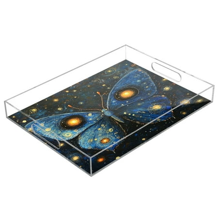 

WOBOGO Star Blue Butterfly Acrylic Serving Trays 15.7x11.8 Inch Spill Proof Clear Decorative Organizer with Handle