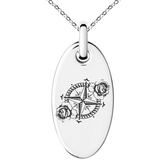 Tioneer Stainless Steel Nautical Floral Rose Compass Engraved Small Oval Charm Pendant Necklace