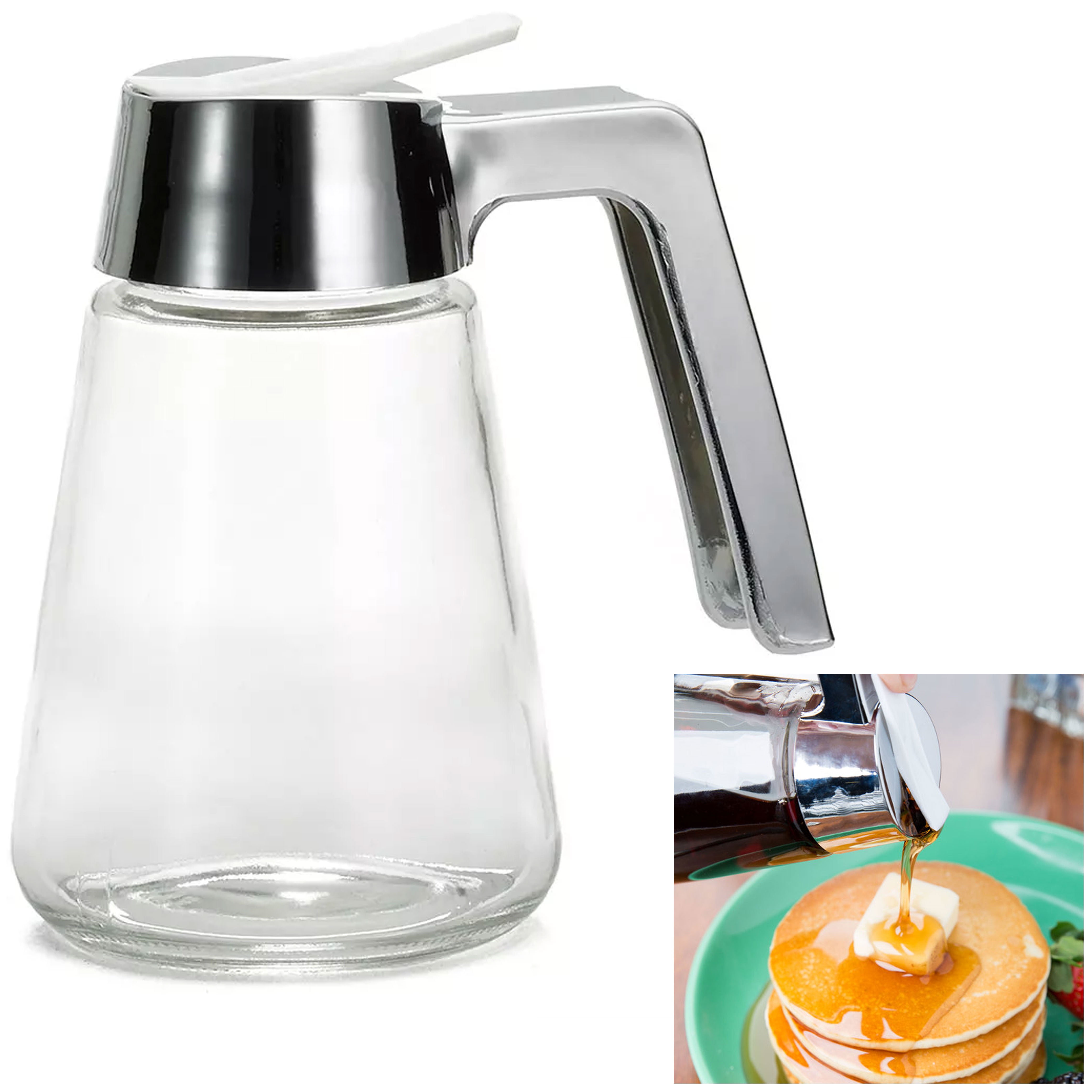 Glass Syrup Dispenser Pourer 12-Ounce Capacity Clear Spring Loaded Tab on Lid 