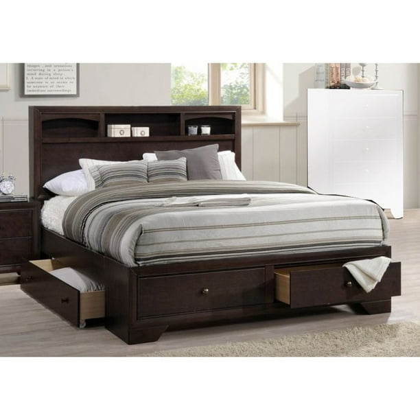 Wooden Queen Bed With Display Shelves, Dark Wood Queen Bed Frame
