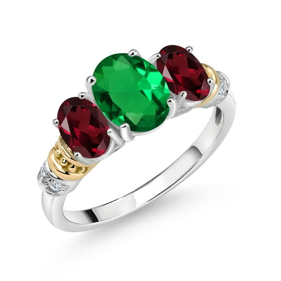 Gem Stone King 925 Sterling Silver and 10K Yellow Gold Oval Green Nano Emerald Red Rhodolite Garnet and White Diamond 3 Stone Ring for Women (1.78 Cttw, Gemstone May Birthstone, Size 7)