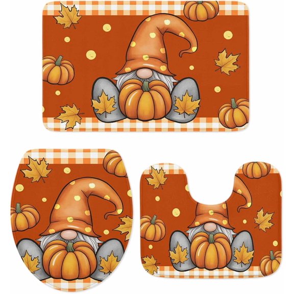 Fall Bathroom Rugs and Mats Sets 3 Piece Pumpkin Gnome Bath Sets Non Slip Bath Rug Set with U Shape Rug Maple Leaf Orange Buffalo Plaid Thanksgiving Contour Toilet Rug for Bathroom Floor Large Size