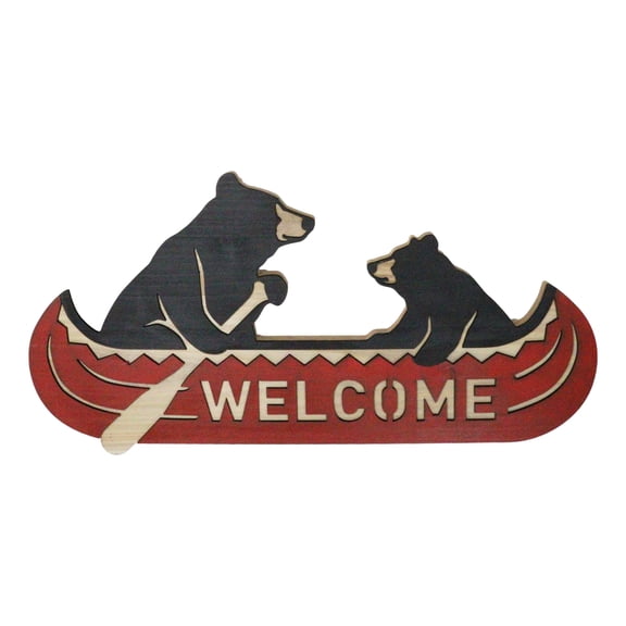 Rustic Father Bear With Cub Rowing Red Canoe Boat Welcome MDF Wall Decor Plaque
