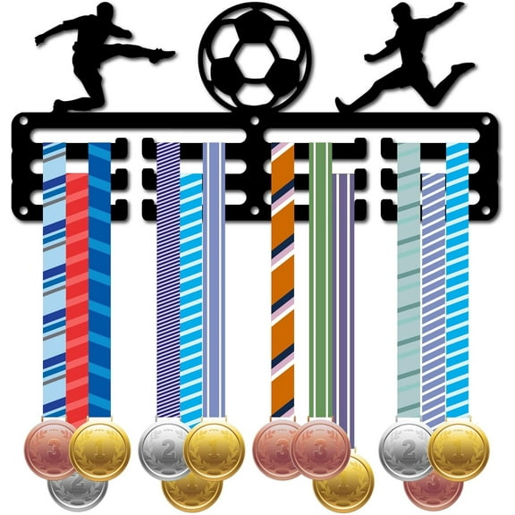 Soccer Medal Holder Sports Medal Hanger Display Race Competition Victory Awards Ribbon Organizer Small Black Metal Rack Frame for Hanging 40  Medals Player Athletes Football 11.4 x 5.1Inch diy