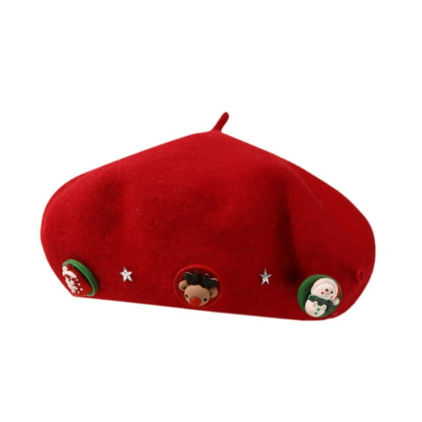 Boina navideña para mujer, estilo elegante, ropa de calle navideña con decoración Rojo