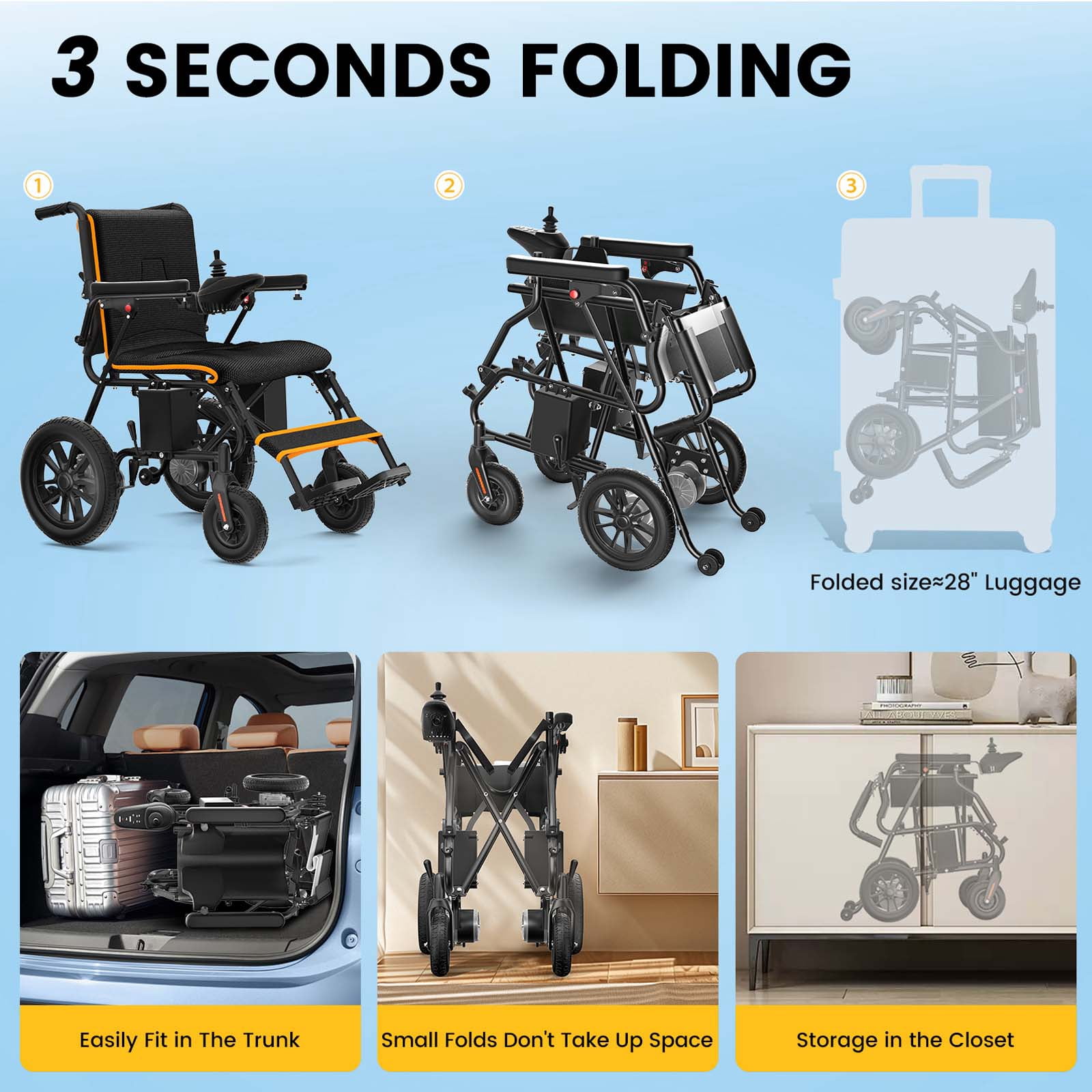 COOLHUT Foldable Electric Wheelchair, 20+ Miles Long Range Motorized Electric Wheelchair, Senior-Friendly Power Chair with 360° Joystick, All Terrain Smart Mobility Scooter, Orange